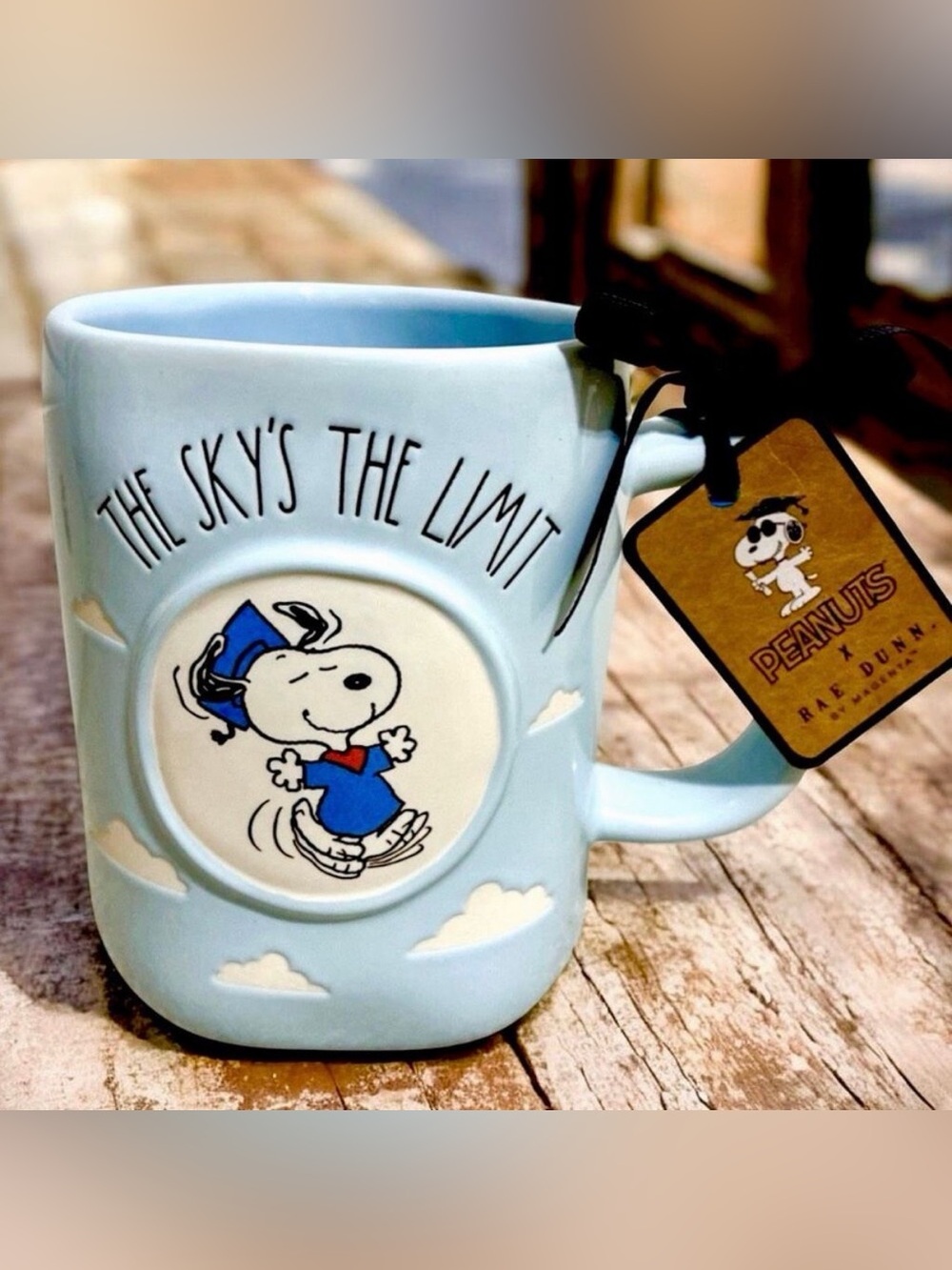 NWT Rae Dunn Peanuts Snoopy THE SKY'S THE LIMIT Blue Ceramic Graduation Gift Mug